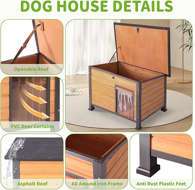 Insulated Dog House Outdoor Weatherproof, Wooden Heated Large Houses with Removable Liner for Winter, Upgrade Anti-Chewing Iron Frame Dog Shelter for Puppies, Cats