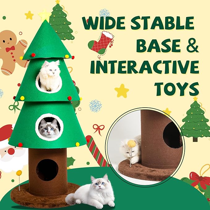 Christmas Cat Tree with 3 Cat Houses, 59 inch Cat Tower for Indoor Cats, Cat Furniture with Teaser Toy for Christmas Decoration