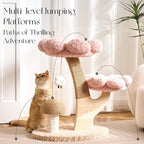 797Audio Flower Cat Tree, 30" Wood Branch Cat Tower with Scratching Post for Indoor Adult Cats,Luxury Aesthetic Cat Tree with Mushroom Cat Scratcher & Interactive Squeaky Toy, Pink