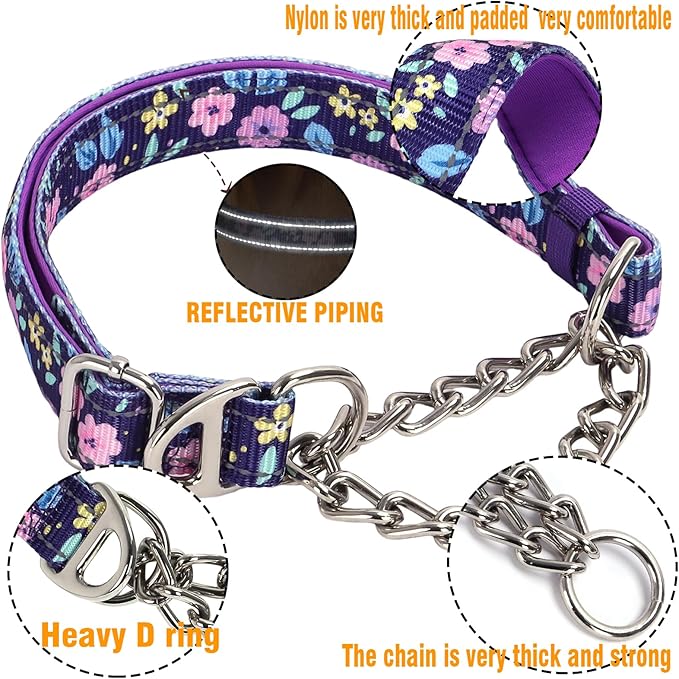 Martingale Dog Collar with Steel Chain, Adjustable Reflective Nylon & Soft Padded - for Medium, Large, XL, XXL Dogs for Training,Walking Pet Collar (Purple Flowers XL)