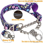 Martingale Dog Collar with Steel Chain, Adjustable Reflective Nylon & Soft Padded - for Medium, Large, XL, XXL Dogs for Training,Walking Pet Collar (Purple Flowers XL)