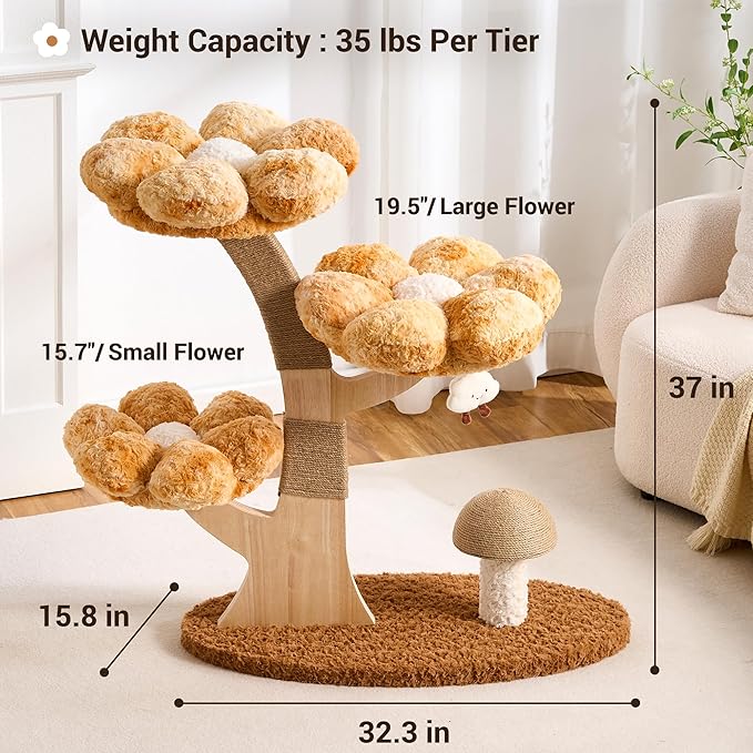 Aesthetic Flower Cat Tree Tower for Indoor Cats, 37" H Modern Cat Tree with Wood Sculpted Branch Scratching Post, Washable Flower Cat Beds, Mushroom Scratcher & Interactive Squeaky Toy, Brown