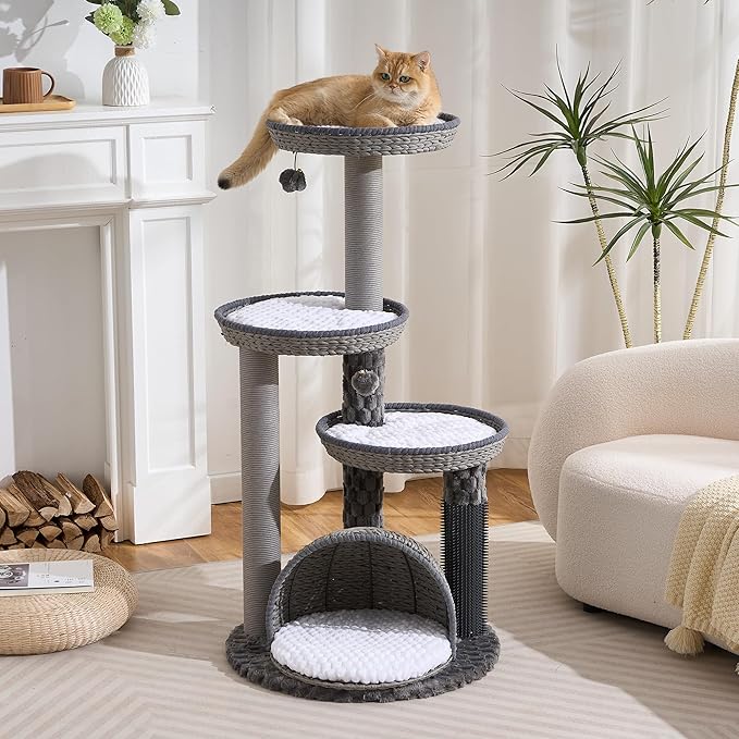 Modern Cat Tree Tower for Large Cat with Scratching Post for Indoor, 46 inch Multi-Level Cat Tower with Handwoven Beds, Cat Cave, Dangling Balls