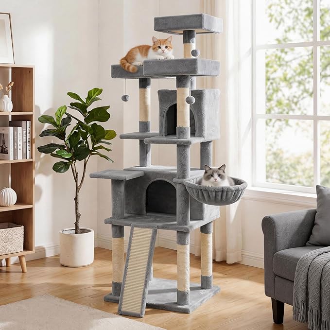 PETSITE Multi-Level Cat Tree, 65 Inches Tall with Sisal Scratching Posts, Condos, Rotatable Cat Basket, Dangling Balls, and Sisal Ladder, Ideal for Indoor Cats to Play and Rest (Grey)