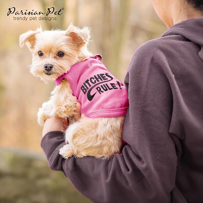 Parisian Pet Dog Shirt – 100% Cotton Shirts for Small Dogs – Pink Sleeveless Puppy Clothes – Lightweight and Breathable Pet Apparel – Bitches Rule Girl Dog Clothes - Stretchy T Shirts for Dogs