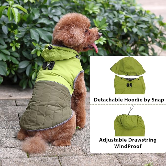 Detachable Hooded Dog Coat with Harness for Medium Dogs,Super Warm Fleece Puppy Jacket for Cold Winter Doggie Coats,Green L