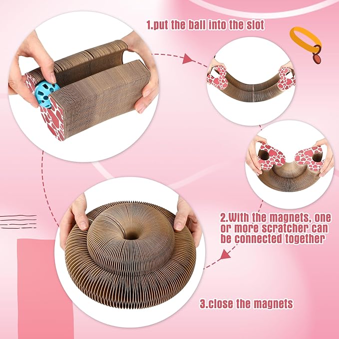Soulchen 1 Pcs Heart-Shaped Magic Organ Cat Scratching Board, Combinable Cat Toy for Adult Pets, Interactive Cardboard Kitty Scratcher with Bell Ball, Foldable Accordion Scratch Pad