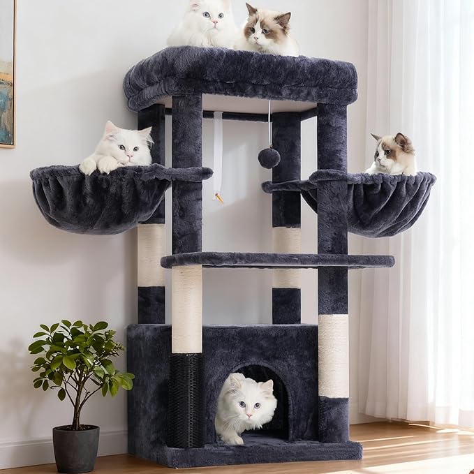 Hey-brother Cat Tree Tower with Extra Large Platform, Spacious Condo, 2 Cozy Hammocks, Self-Grooming Brush, Sisal Scratching Posts for Big Indoor Adult, Maine Coon, 35.4 Inches, Smoky Gray MPJ060G