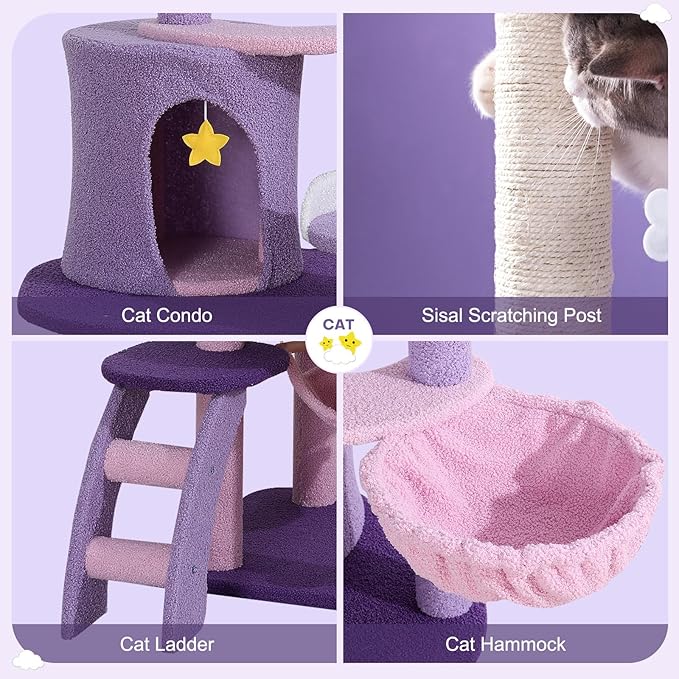 Lucky Monet Cute Cat Tower 65 Inches, Unique Cat Tree Large Tall for Indoor Cats, Purple Pink Cloud Big Cat Tree Cat Castle Mansion Condo for Large Cats Activity Trees with Scratching Post Hammock