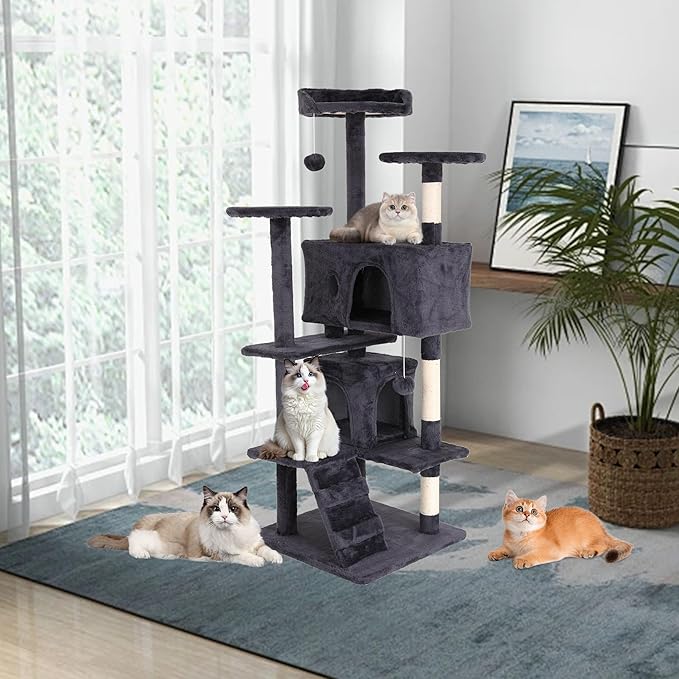 Heavy Duty Cat Tree,54 Inch Tall Cat Tower,2 Cozy Condos,Scratching Posts,Ladders & Sisal Pole,Multi-Level Perches Platforms for Indoor Cats,Sturdy Pet Climbing Furniture,Light Gray