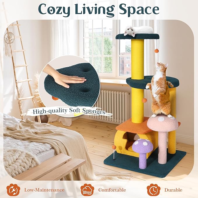 NUNU LAB Mushroom Cat Tree, Multi-Level Cat Tower, Mushroom Cat Scratching Post, Cute Cat Tower, with Cat Scratching Post, Cat Bed & Interactive Balls, for Indoor Cats (D-068, 26.8 * 22.8 * 53.4)
