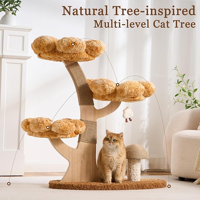 Modern Cat Tree Tower for Indoor Cats Large Adult, 37 inch Flower Cat Tree with Scratching Post, Luxury Aesthetic Cat Tree with Cloud-Soft Flower Perches and Physical Mouse-Sound Hanging Toy