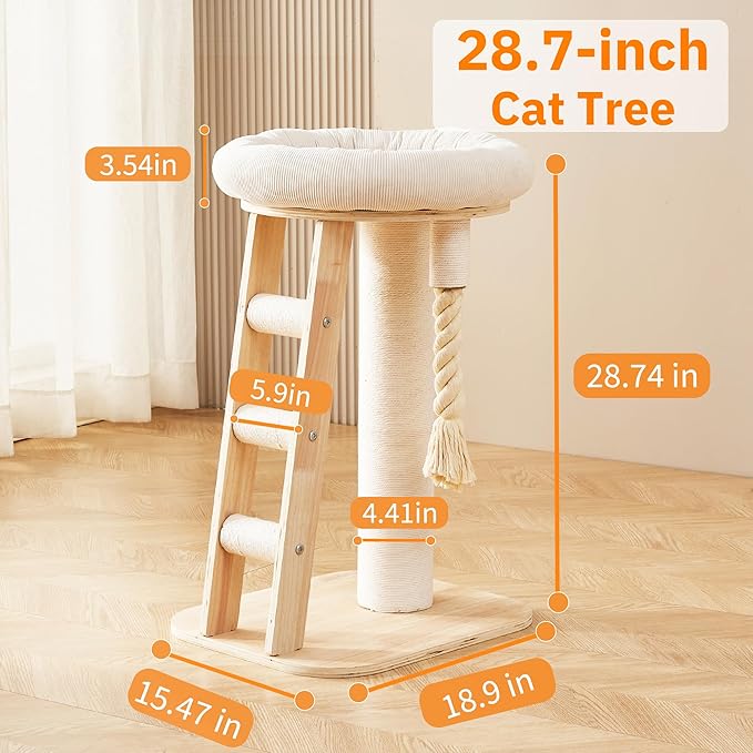 Modern Cat Tree Small Tower with Scratching Post for Indoor, Multifunctional Corner Cat Tree Tower with Bed, Cat Climbing Ladder, Dangling Ball,Interactive Rope,Scratching Post