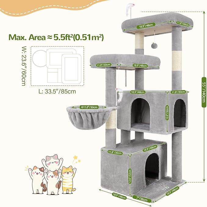Globlazer Cat Tree Tower with Scratching Post for Indoor Cats, 55inch Tall Plush Multi-Level Cat Climbing Tower Condo House with Hanging Basket, 2 Spacious Cat Cave, F55, Beige (Light Gray)