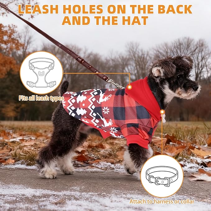 KOOLTAIL Christmas Dog Hoodie, Red Plaid Pet Sweater, Hat Hooded Sweatshirt Dog Clothes for Small Medium Large Dogs, Soft Warm Winter Cold Weather Coat with Leash Hole&Pocket, Reindeer Snowflake, L