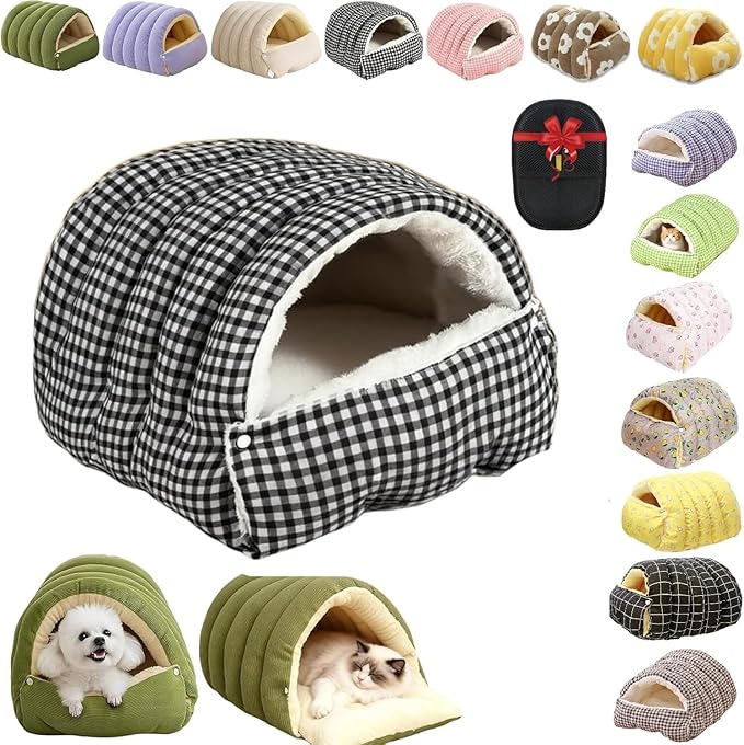 Removable and Washable Winter Closed-Off Cat Bed, Cutypet Winter Cave, Warm Foldable Secure Pet Nest for Indoor Cats & Small Dogs, Comfor Plush Snuggle Hut for Kitty, Puppy, Pets (Linen-Black 3,M)