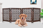 Wooden Foldable Pet Dog Safety Gate -4 Panels 20"Wx24"H- Hand Carved Solid Wood And MDF - Free Standing Portable Indoor Doorway Hall Stairs Dog Puppy Fence - Fully Assembled - Antique Brown -IRONGATE