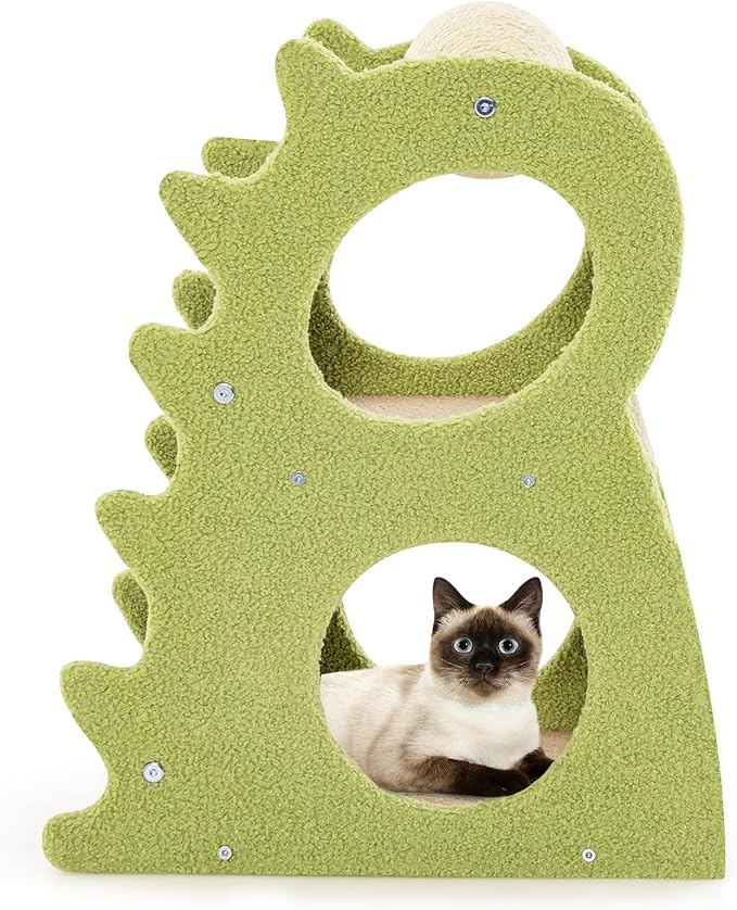 Tangkula Cute Cat Tree, Dinosaur-Shaped Cat Tower with Rotatable Sisal Scratching Ball, Soft Plush Fabric, Cat Climbing Stand, 2-Tier Modern Cat Tree for Small Indoor Cats (Green)