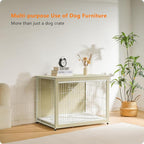 DWANTON Dog Crate Furniture with Cushion, Wooden Kennel Table with Double Doors, Indoor Dog House, Large Size, 38.5" L, White Oak