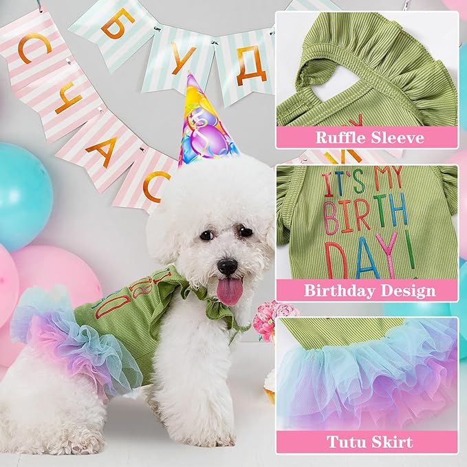 Dog Birthday Dress It's My Birthday Dog Dress Small Doggy Girl's Tutu Dresses Ruffle Sleeless Puppy Clothes Tulle Lace Skirt Pet Costume Cat Outfits (Green, XS(4-6.5lb))