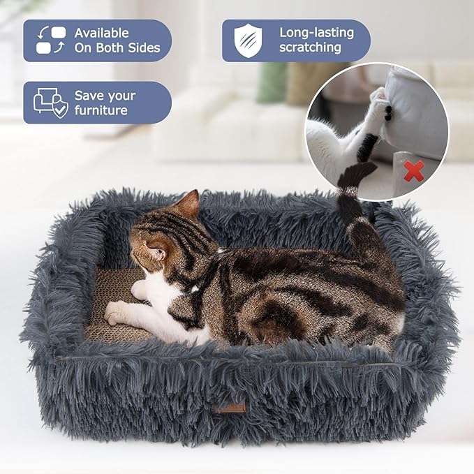 Fluffy Cat Scratcher Bed Box with Removable Cardboard, Corrugated Board Rectangular Cat Scratching Bed Lounge, Pet Scratch Pad for Furniture Protection (Dark Gray)