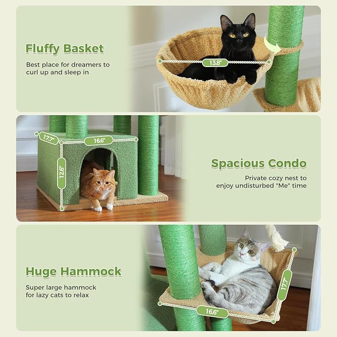 XXL Cactus Cat Tree, 67" Heavy Duty Cat Tower for Indoor Cats Large Adult with 13 Thick Scratching Posts (φ4.3), Large Perch, Spacious Condo & Big Hammock - for Maine Coon up to 20 lbs, Green