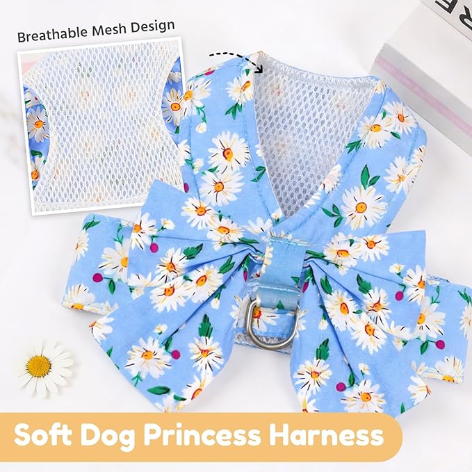BAEJMJK Dog Harness and Leash Set with Bow Knot No Pull Pet Daisy Floral Harness with D-Ring Soft Mesh Dog Harness Vest Set Escape Proof Princess Puppy Harness for Small Girl Dogs Cats（Blue B M）