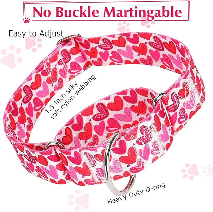 1.5 inch Wide Martingale Dog Collar,Valentine's Day Dog Collar Cute Loving Heart Printed Collar for Medium Large Extra Large Dogs M