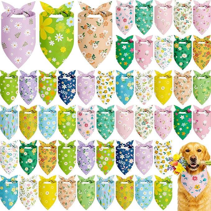 Abbylike 50 Pieces Spring Dog Bandanas Bulk Flower Daisy Sunflower Dog Bandanas for Pets Triangle Kerchief Scarf Bibs for Spring Pets Dogs Party Costume Accessories, 25 Styles (25.6 x 17.7 x 17.7)