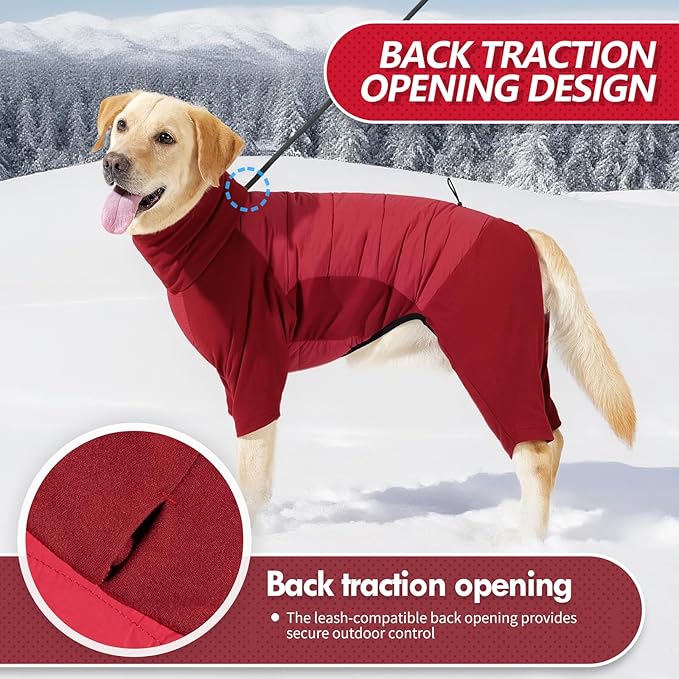 BRKURLEG Full Body Dog Winter Coat Warm Fleece Pullover Pajamas, Four Legs Covered Windproof Dog Jacket for Small to Large Dogs, Turtleneck Dogs Snowsuit, Pet Cold Weather Clothes, Red S