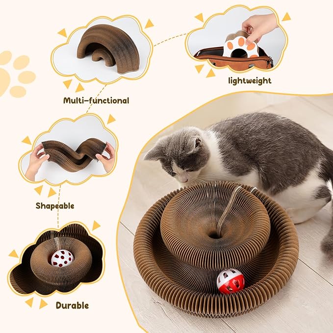 Magic Organ Cat Scratching Board, Foldable Accordion Interactive Cat Toy with Bell Ball, Durable Cardboard Scratch Pad for Cat Grinding Claw & Indoor Play