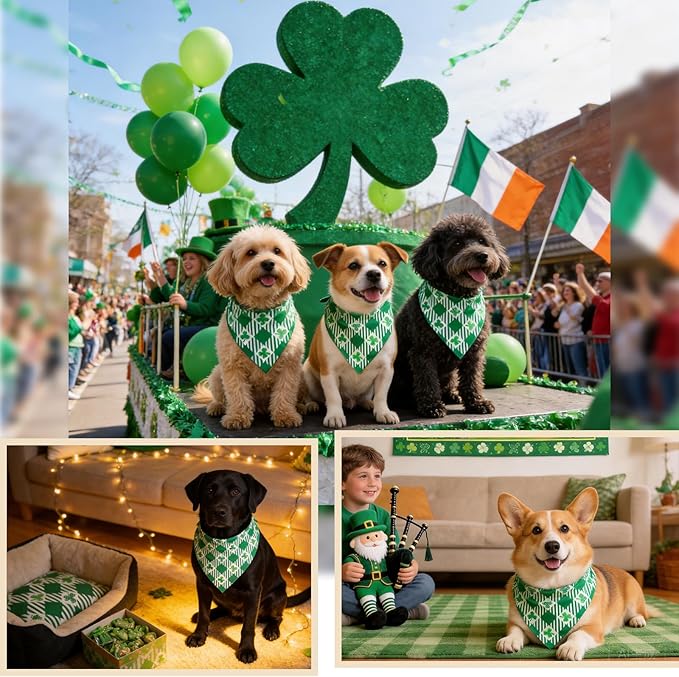 St Patricks Day Dog Bandanas Plaid Shamrock 3 Leaves - Pet Scarf with Adjustable Snap Button Cute Lucky Holiday Costumes for Irish Festivals, Small & Medium Breeds (5-30lbs)