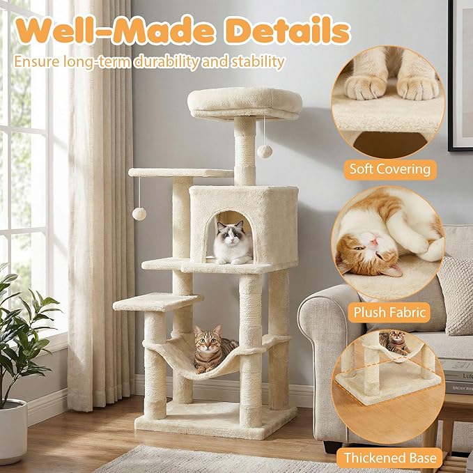 Tangkula Cat Tree Tower, 44 Inch Multi-Level Cat Tower with Sisal Scratching Posts, 2-Door Condo, Padded Top Perch & Hammock, 2 Hanging Balls, Jumping Platforms for Indoor Cats (Beige)