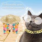 6PCS Pet Dog Cat Costume, Retro Pet Sunglasses, Adjustable Gold Chain Collar & Straw Hat, Funny Pet Accessories for Cat Puppy Small Medium Dog Birthday Cosplay Party