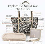 Cleverpup Transit Tote Dog Carrier for Small/Medium Dogs 8-20 lbs, 19x12x9 Soft-Sided 4-Pc Set with Waterproof Base, Plush Insert, Food Pouch, Mesh Head Opening - Medium, Leopard