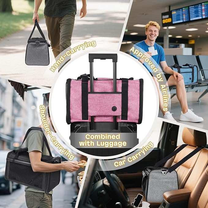YUDODO 25 lbs Lightproof Soft Sided Large Cat Carrier for Small Pet Dog Airline Approved Travel Bag Puppy Carriers with Side Pockets & Reflective Mesh, Foldable Portable for Outdoor Car Black