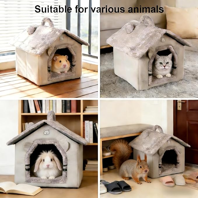 Lovely Cat Bed for Indoor Cats, Cartoon Pattern Cat Cave Bed with Handle Design, Soft Cat Hideaway Indoor Cat House for Kitten, Puppy & Small Pets (L)