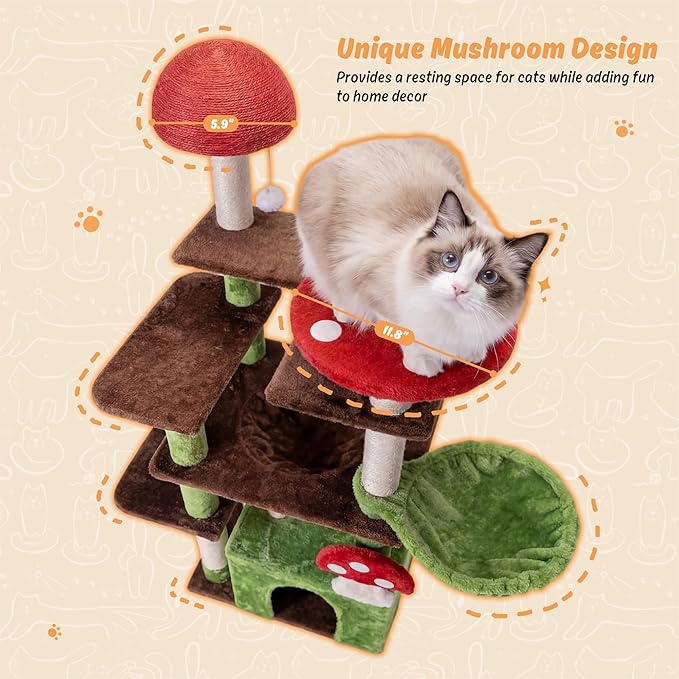 IRONCK Mushroom Cat Tree for Indoor Cats, 58" Multi-Level Cat Tower with Scratching Posts, Anti-Tip Extra Wide Base, Plush Cat Condo & Hammock Furniture for Cats, Easy Assembly