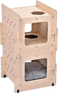Wooden Cat Condo with Cushion, Cat Bed, Natural Wood Cat Tower with Scratching Post, Multi-Level Cat Tree House for Cats (CB-001-D)