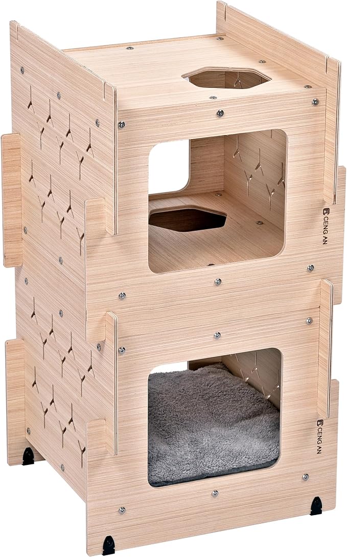 Wooden Cat Condo with Cushion, Cat Bed, Natural Wood Cat Tower with Scratching Post, Multi-Level Cat Tree House for Cats (CB-001-D)