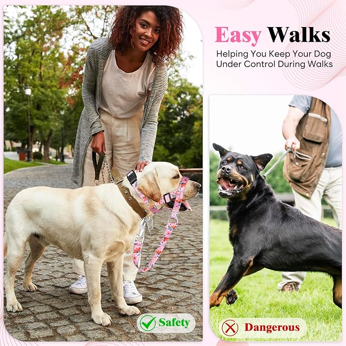 HIGO Dog Head Collar, Adjustable Head Collar for Dogs, No Pulling Head Halter, Training Nose Leash, 3 Pattern Muzzle Leash for Small Medium Large Dogs Easy Walking (Pink, S)