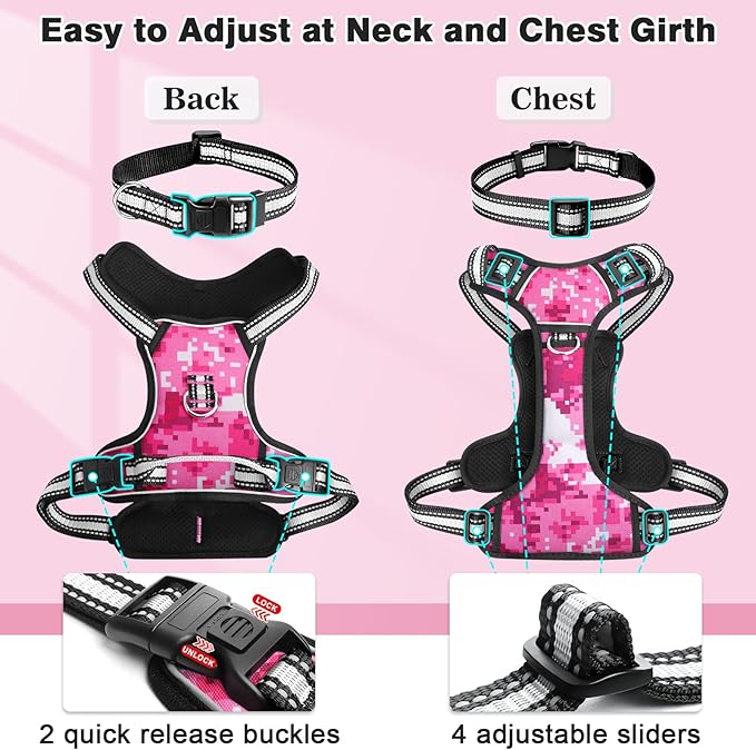 WINSEE Dog Harness No Pull, Pet Harnesses with Dog Collar, Adjustable Reflective Oxford Outdoor Vest, Front/Back Leash Clips for Small, Medium, Large, Extra Large Dogs, Easy Control Handle for Walking