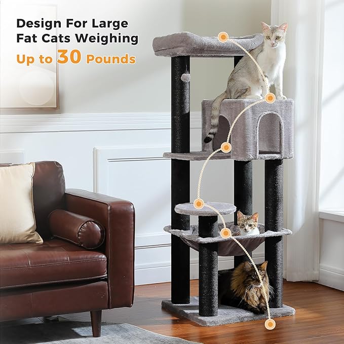 PEQULTI 57.9'' Cat Tree, Multi-Level Tower with Large Top Perch, Thick Scratching Posts and Hammock for Large Indoor Cats up to 20 lbs, Black