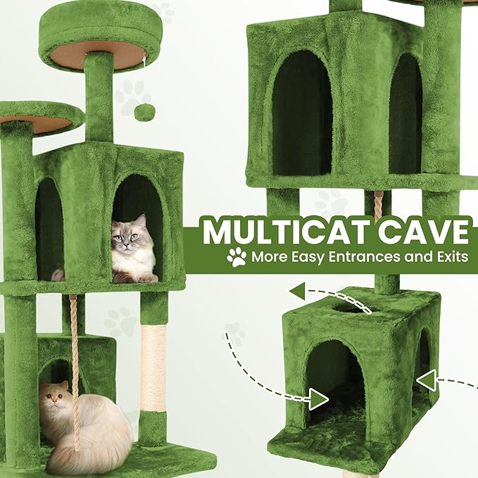 58.5inch Large Cat Tree Tower Condo for Indoor Cats, Soft Plush Multi-Level Climbing Tree Cat House with Cat Cave, Scratching Post, More Entrance/Exit, Sisal Rope, Green