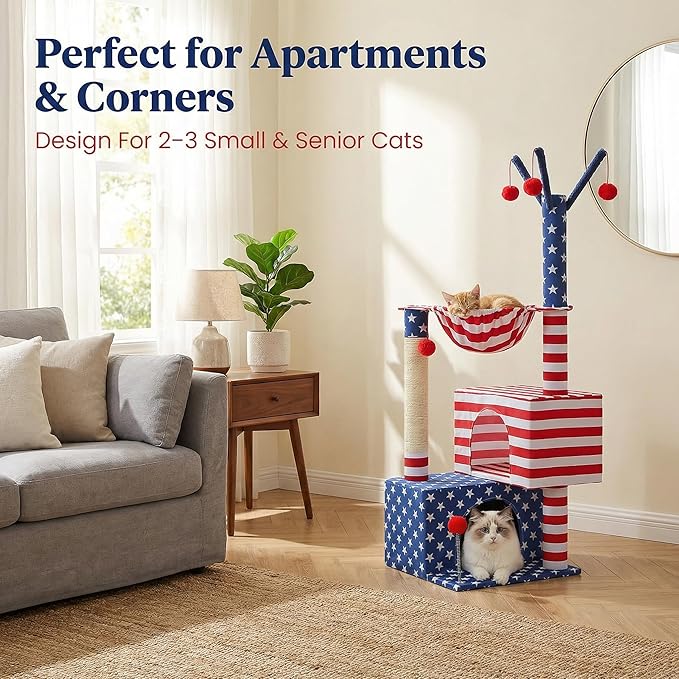 American Flag Cat Tree for Kittens & Senior Cats, 45” Stable Cat Tower Corner Fit, Patriotic Star & Stripes Cat House for Small Spaces with 2 Condos, Hammock & Reinforced Scratching Posts