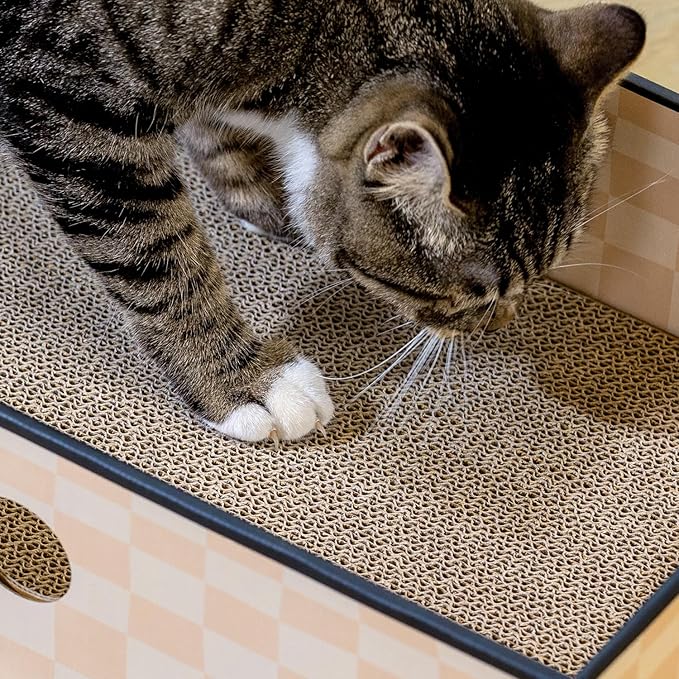 Cat Scratcher Box with 3-Layer Corrugated Board, Heavy-Duty Double-Sided Cardboard Cat Bed, Interactive Hole Design, Checkered, Large