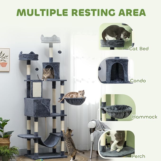 PawHut Cat Tree, 81" Cat Tower for Large Adults Indoor Cats with Cat Scratching Posts, Scratching Board, Cat Condos, Cat Beds, Hammocks, Multi-Level Platforms, Toy Balls & Rope Cat Toy, Dark Gray