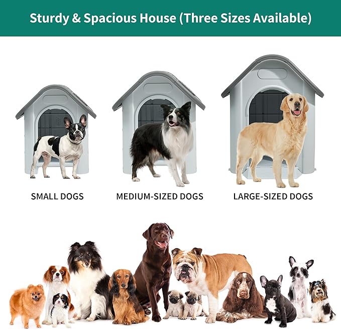 YITAHOME Dog House Outdoor Plastic Doghouse Water Resistant Pet House with Adjustable Skylight and Elevated Base for Small, Medium, and Large Dogs