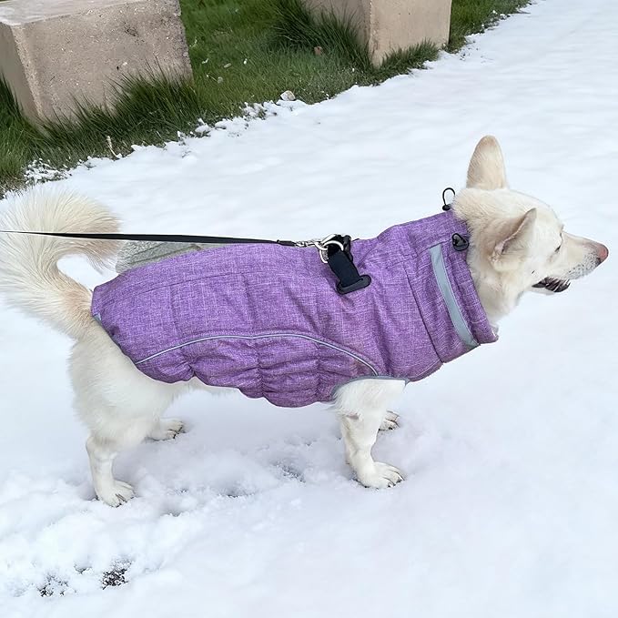 Malier Dog Coat, Reflective Dog Jacket Waterproof Windproof Puppy Cold Weather Coats with Harness Built in, Winter Extra Warm Pet Coat Fleece Vest for Small Large Pets and Puppy (Purple, XX-Large)