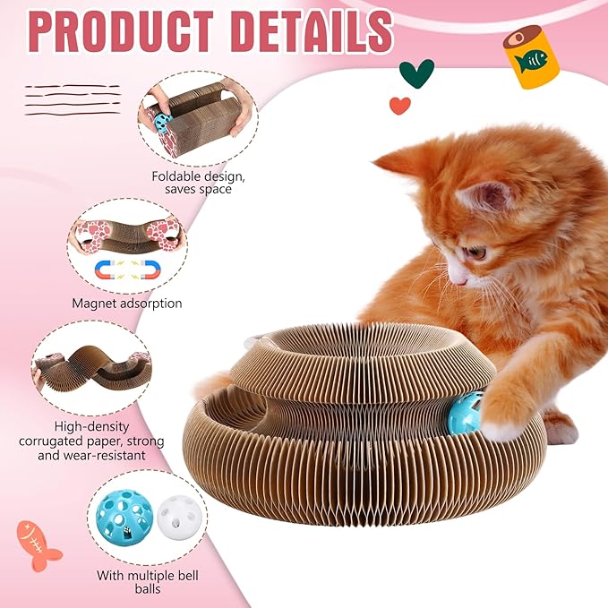 Soulchen 4 Pcs Magic Organ Cat Scratching Board, Combinable Cats Toy for Adult Pets, Interactive Cardboard Kitten Scratcher with Bell Ball, Durable Foldable Accordion Scratch Pad(Heart)